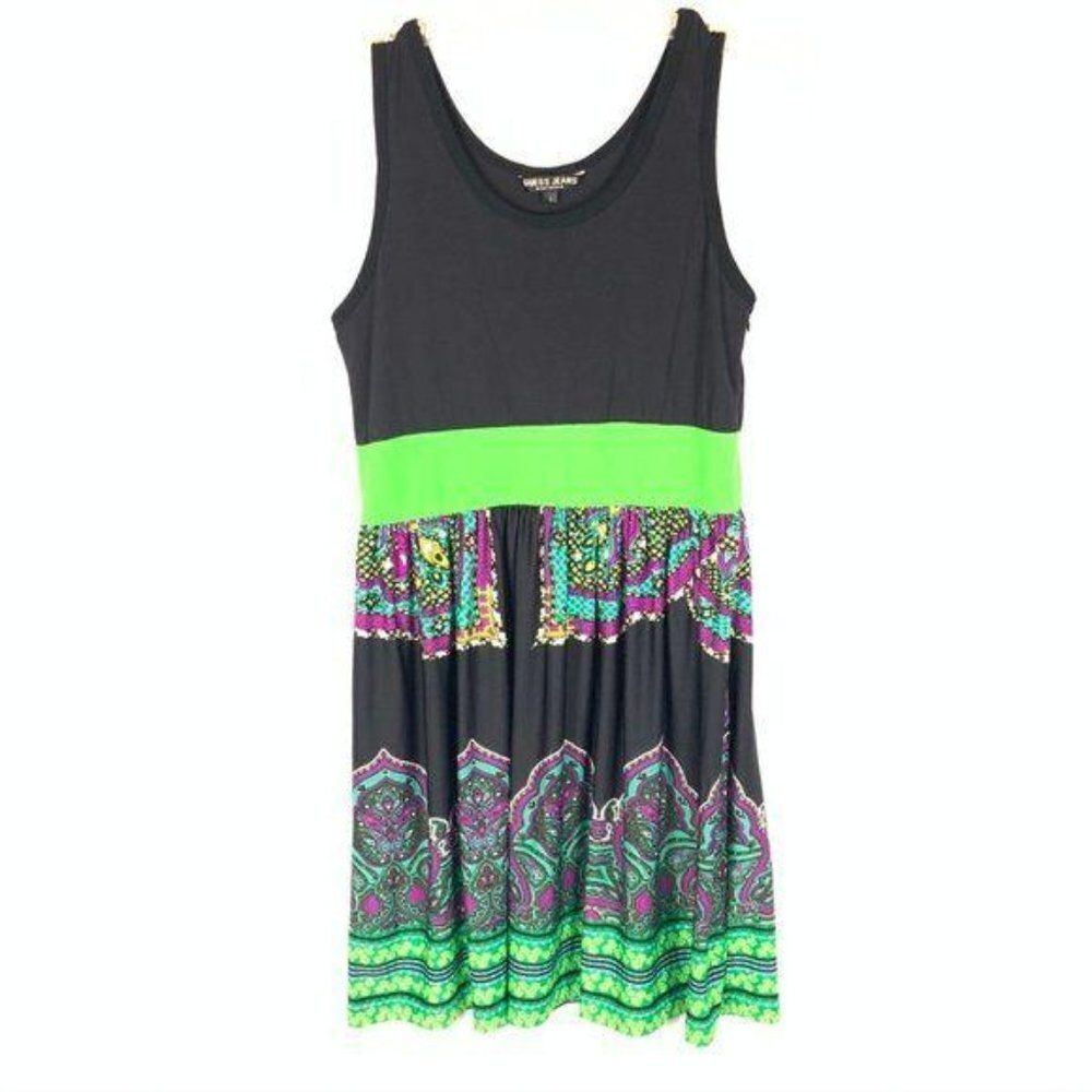 GUESS Black & Green Sleeveless Mini Tank Dress, Lg